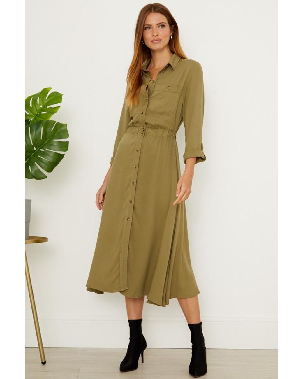 Sosandar Green Khaki Stretch Waist Midi Shirt Dress