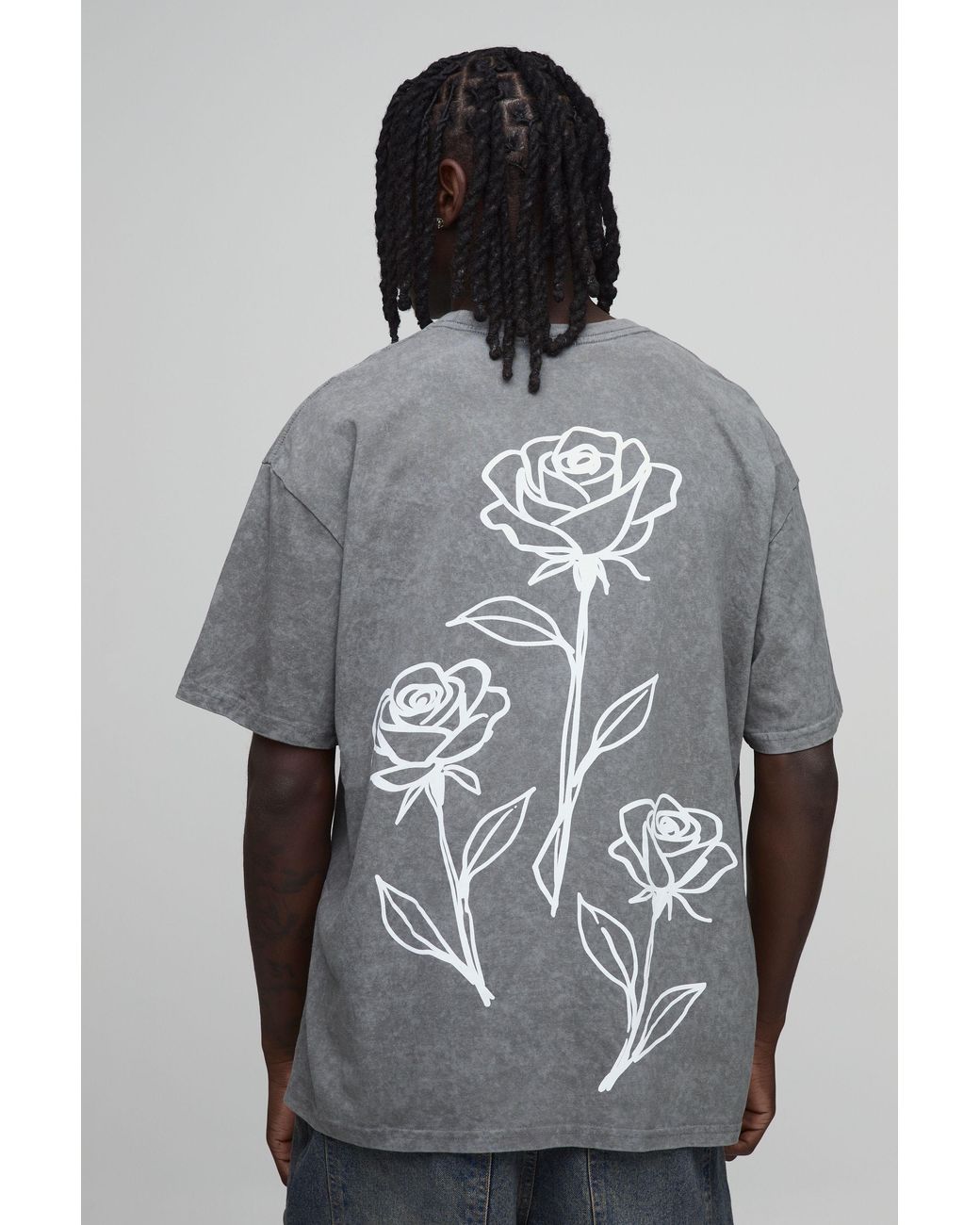 BoohooMAN Gray Washed Oversized Floral Line Drawn Print T-Shirt Cotton for men