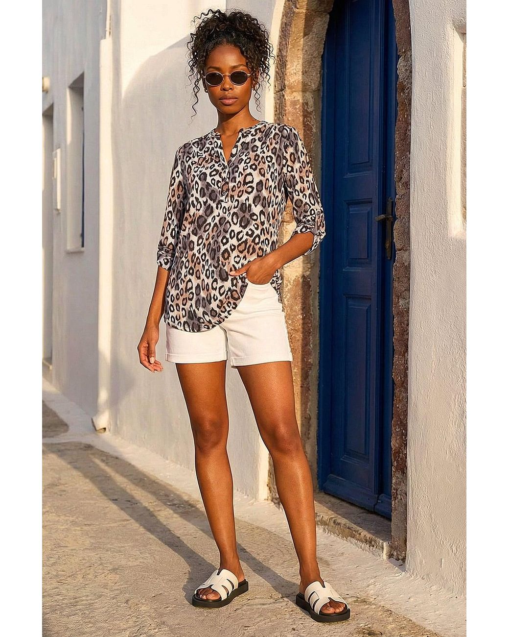Roman Black Animal Print Stretch Blouse