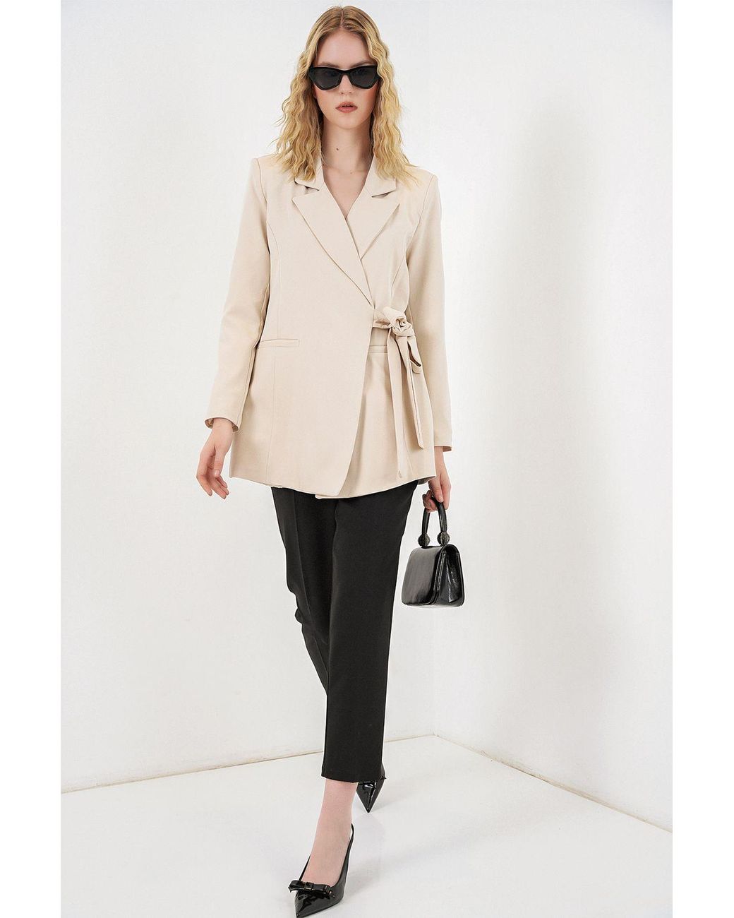 Bigdart Natural Long Tie Closure Shawl Collar Blazer