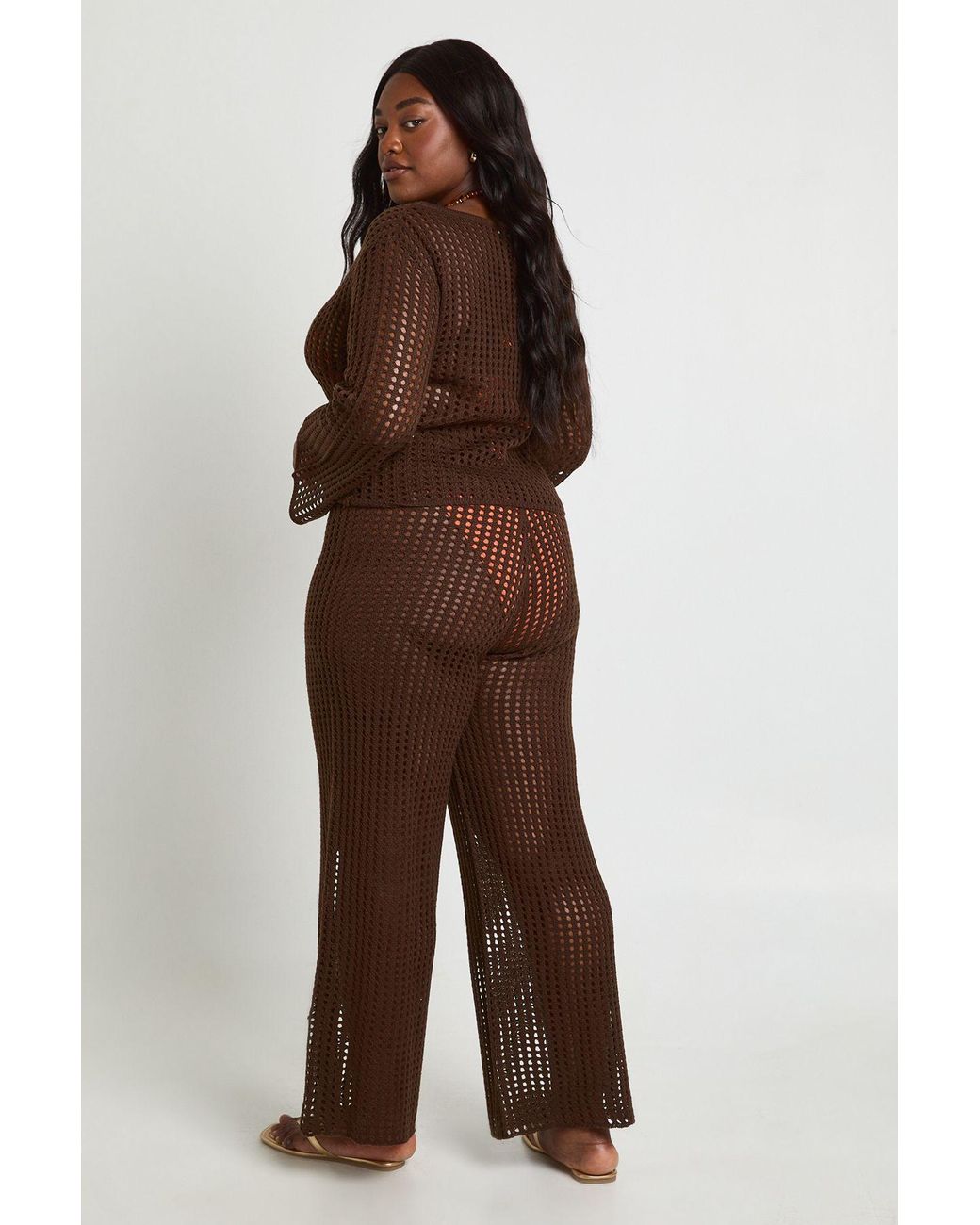 Boohoo Brown Plus Beach Wide Leg Crochet Trouser