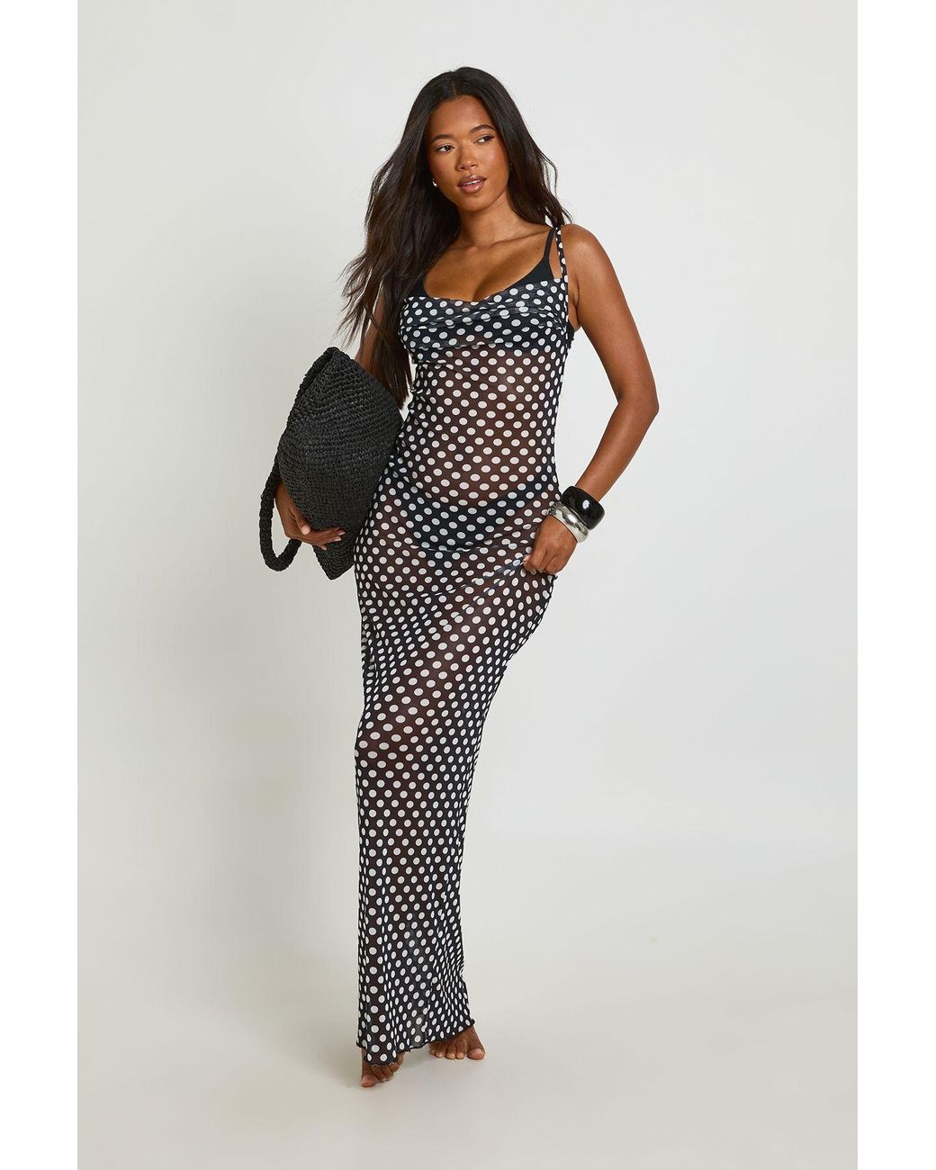 Boohoo Black Beachwear Essentials Polka Dot Maxi Dress