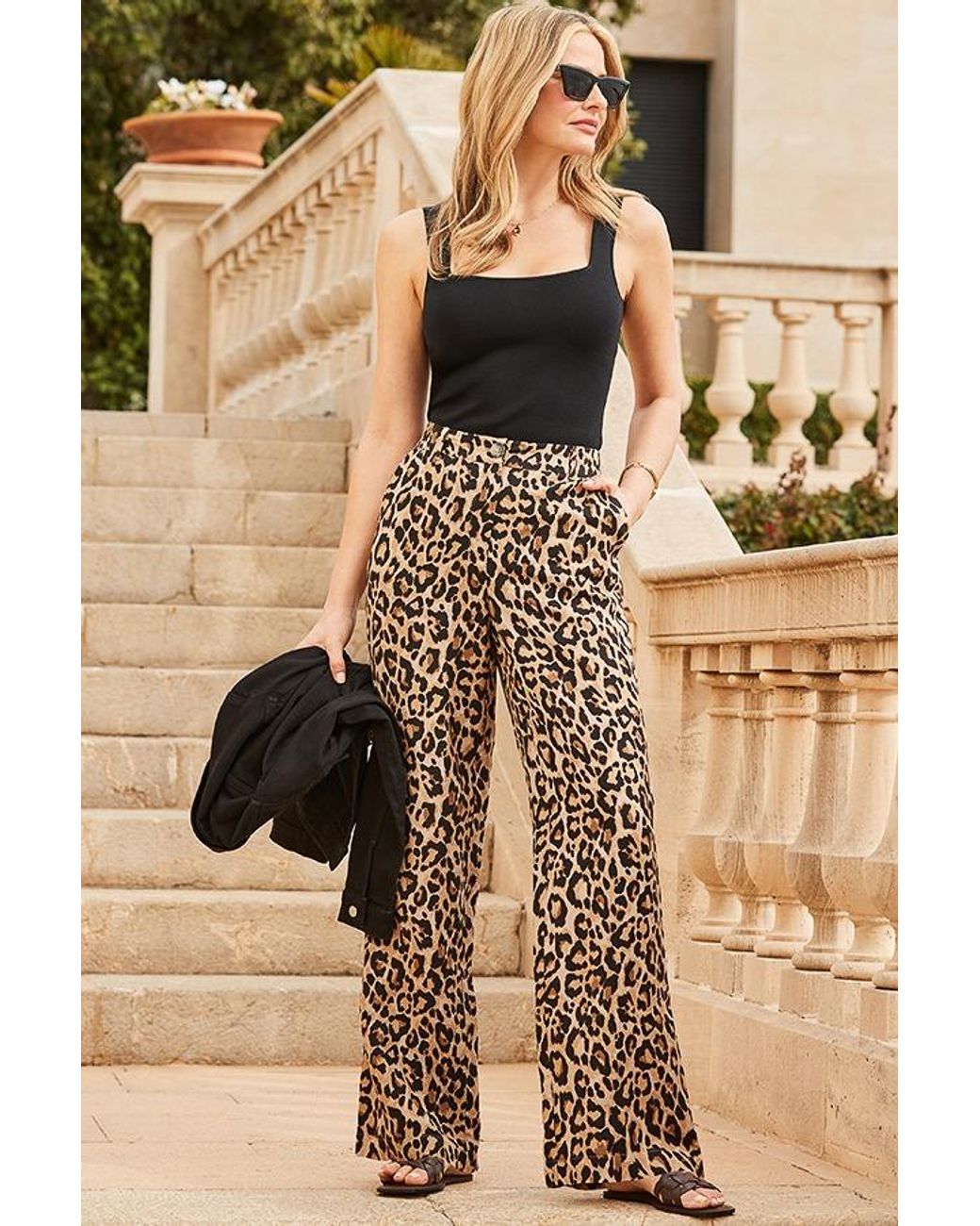 Sosandar Brown Leopard Print Linen Blend Wide Leg Trousers