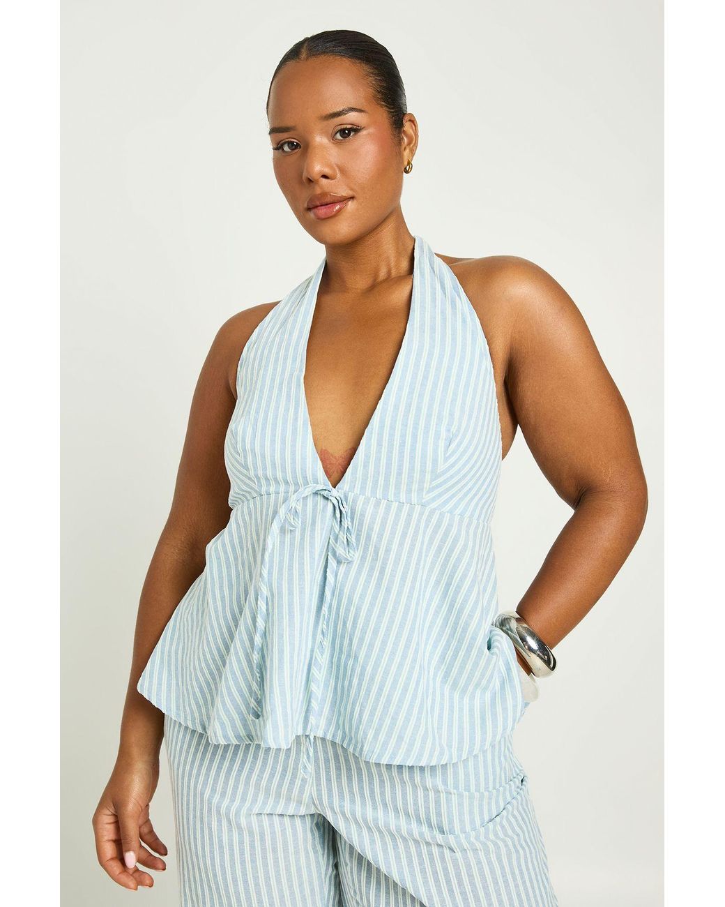 Boohoo Blue Plus Halter Tie Front Stripe Peplum Top