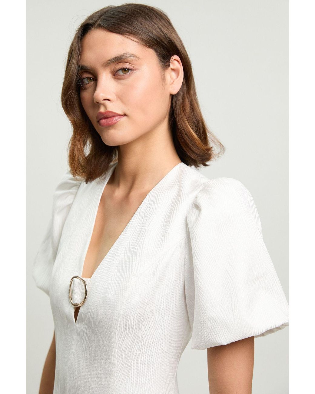 Karen Millen White Tailored Puff Sleeve Trim V Neck Detail Mini Dress