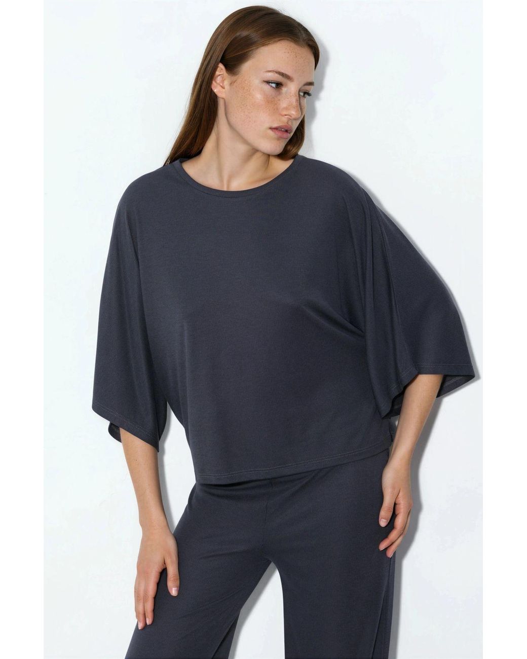 Busem Blue Loose Fit Ribbed Crew Neck Blouse