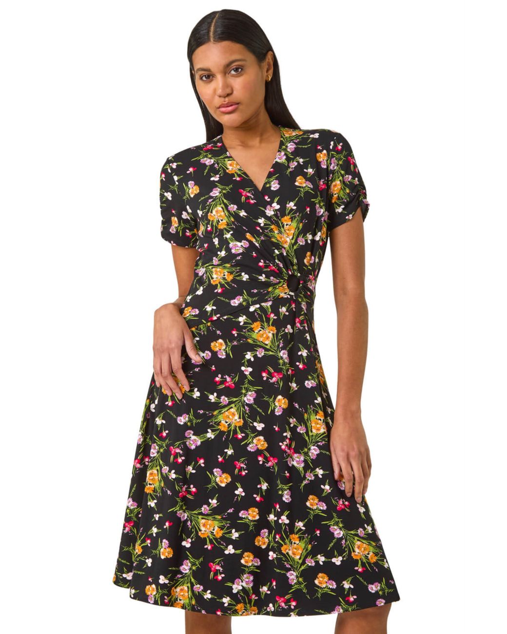 Roman Black Floral Stretch Ring Detail Midi Dress