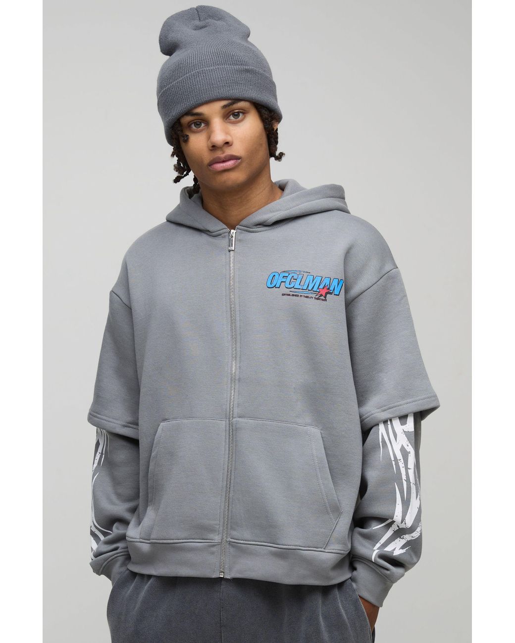 BoohooMAN Gray Oversized Boxy Moto Zip Through Faux Layer Hoodie for men