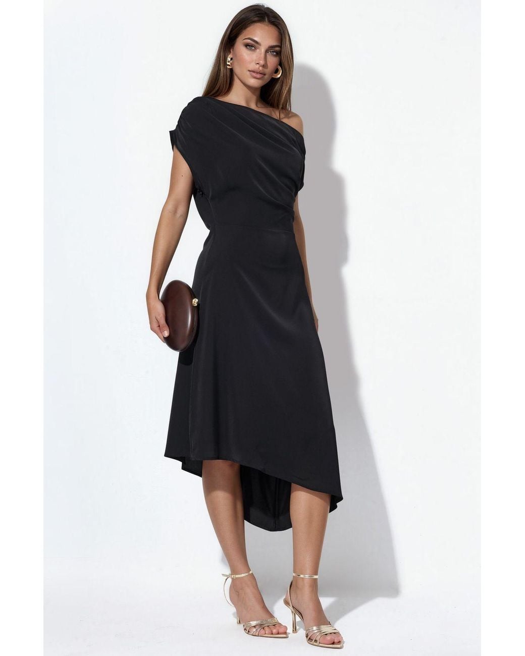 Hiccup Black Asymmetrical Collar Sleeveless Midi Dress