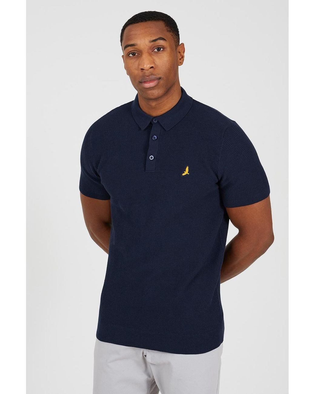 Brave Soul Blue Dark Cotton Waffle Knit Embroidered Polo Shirt for men