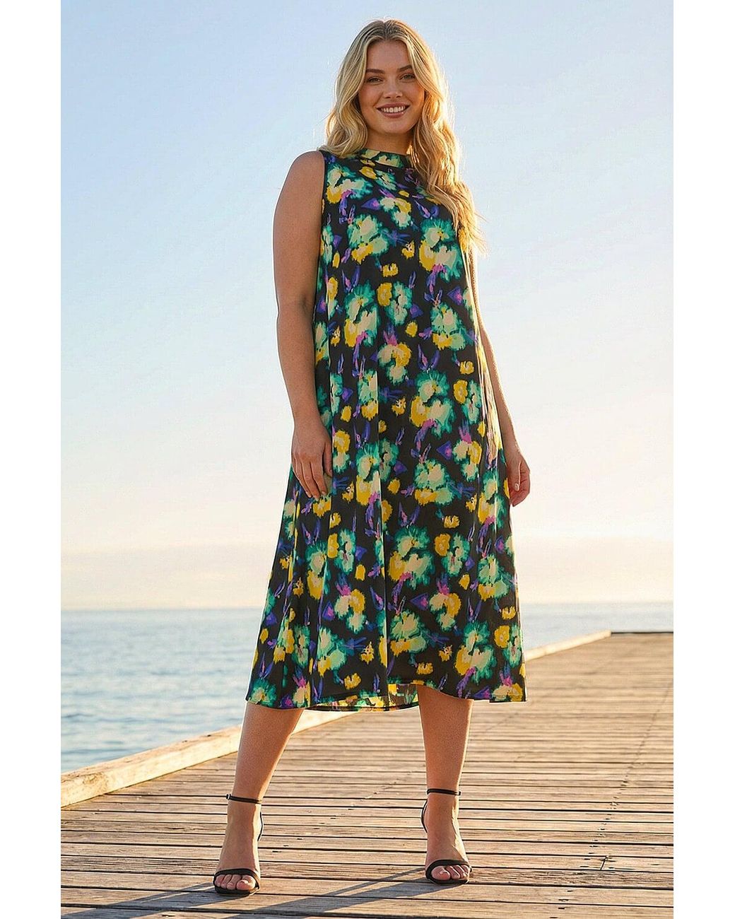 Roman Blue Curve Highneck Floral Midi Dress