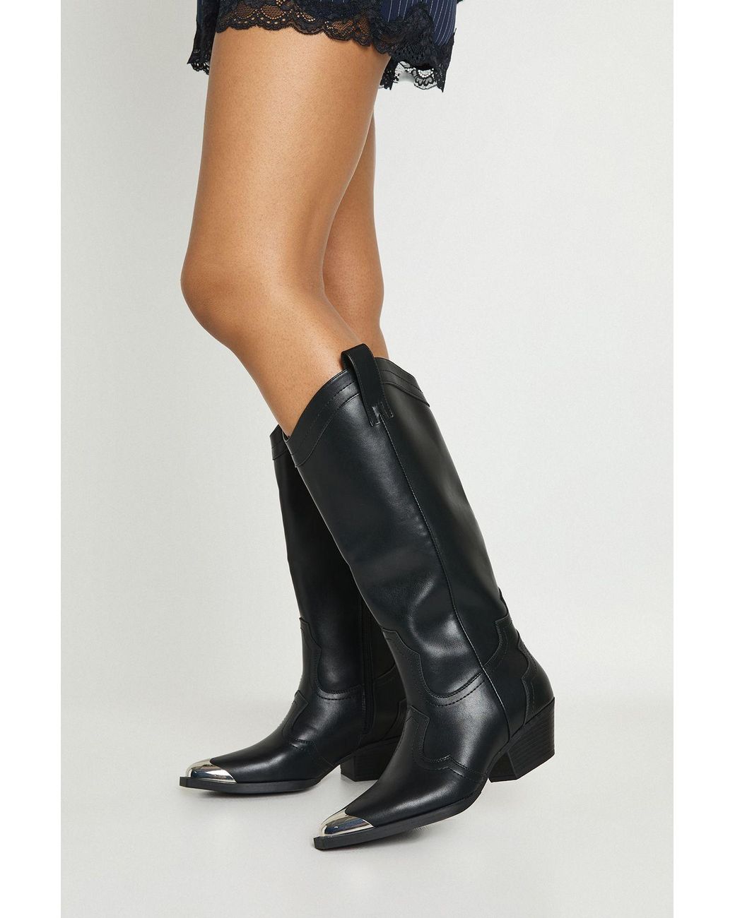 Boohoo Black Metal Toecap Detail Western Cowboy Boots