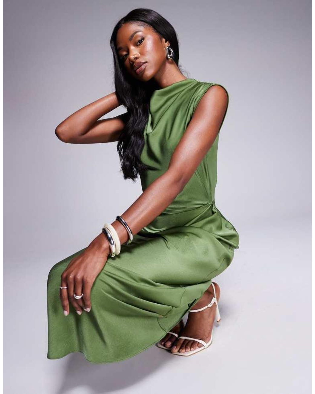 ASOS Green Satin High Neck Pleated Bodice Midi Dress