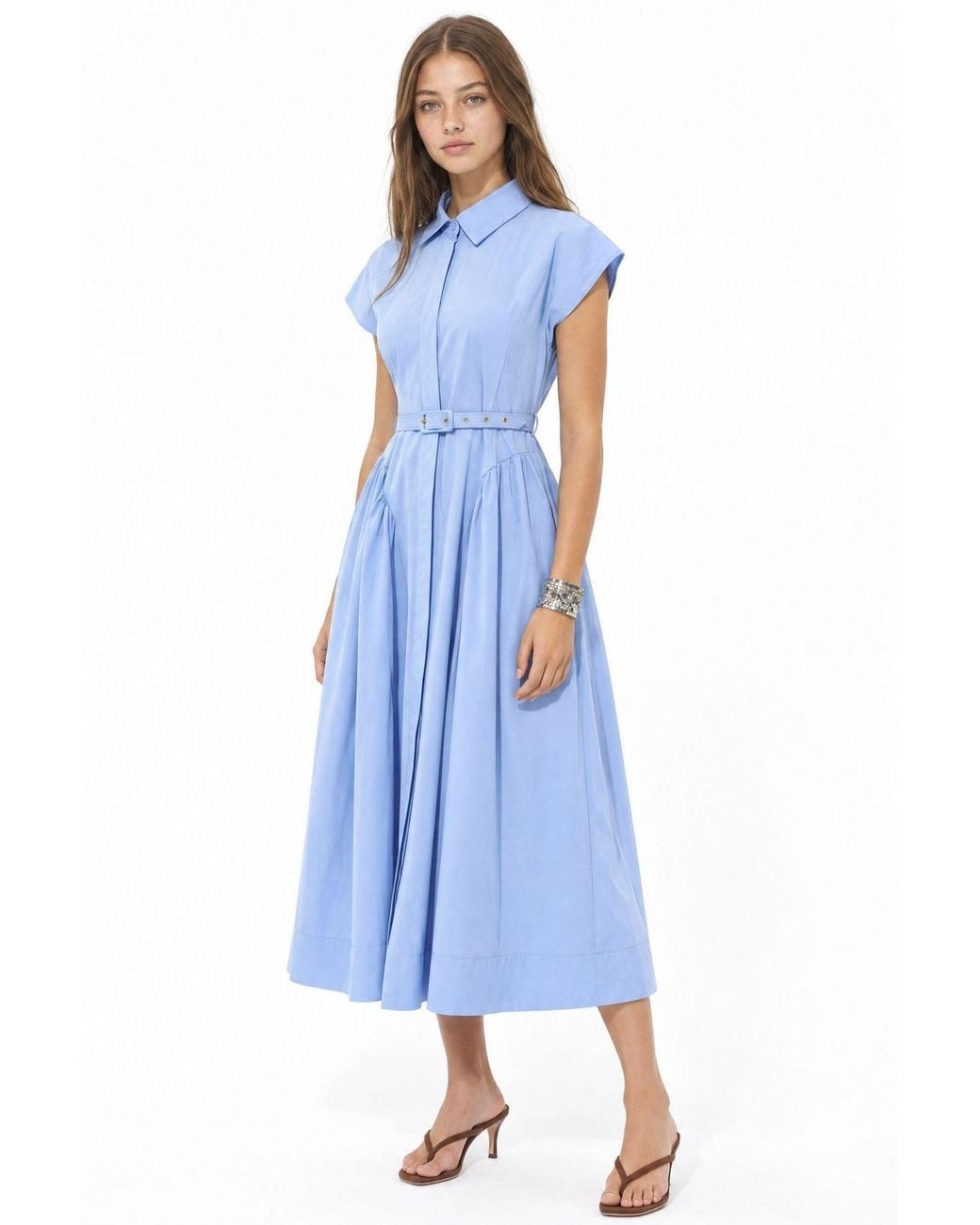 Busem Blue Belted Midi Dress With Shirt Collar