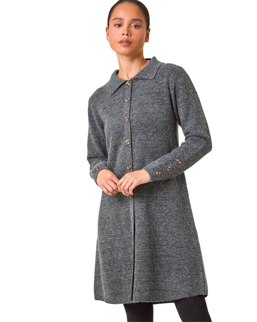 Roman Gray Petite Collared Knit Shift Dress