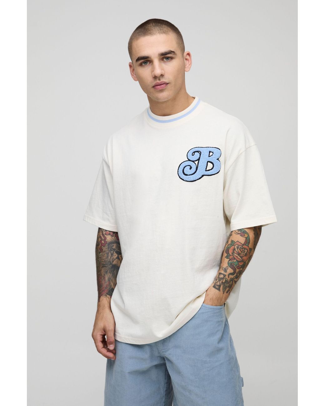 BoohooMAN White Oversized Varsity Embroidered T-Shirt for men