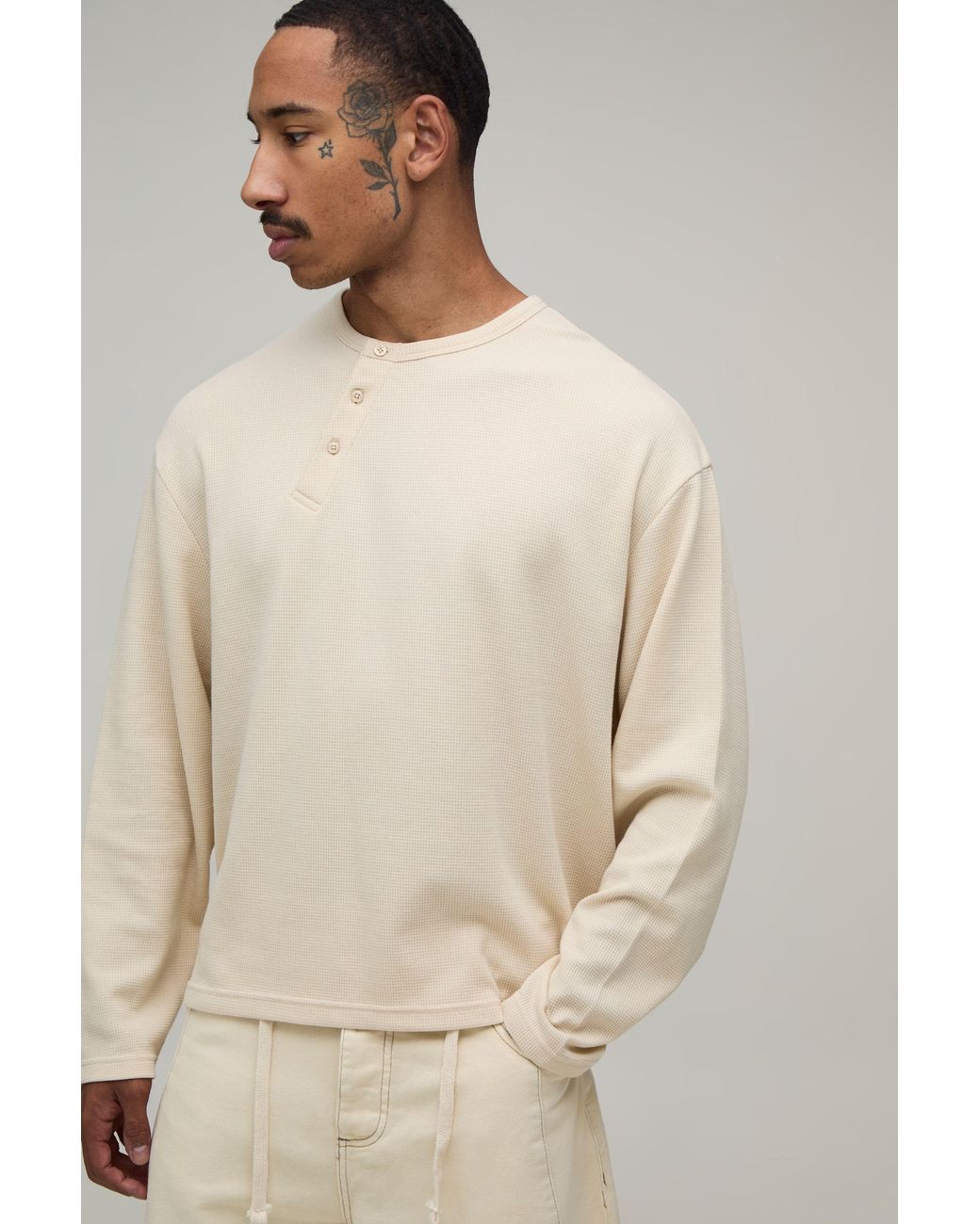 BoohooMAN Natural Oversized Boxy Waffle Long Sleeve Henley for men