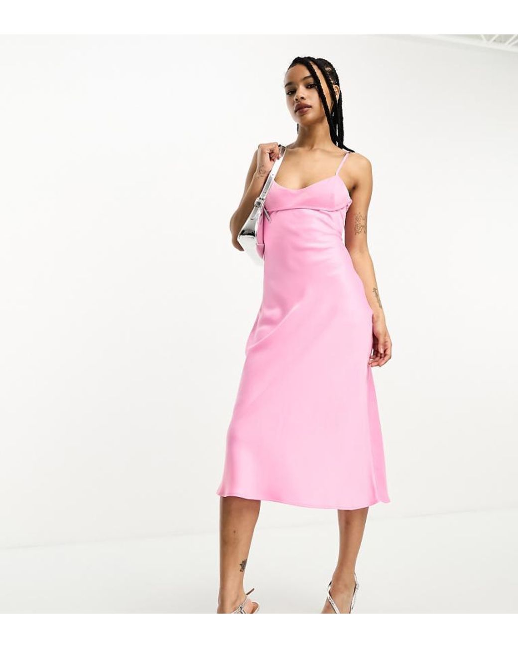 Only Petite Satin Slip Midi Dress in Pink | Lyst UK