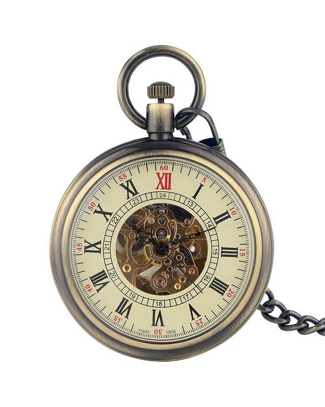 Infinity Leather Metallic Mechanical Skeleton Antique Open Face Pocket Watch