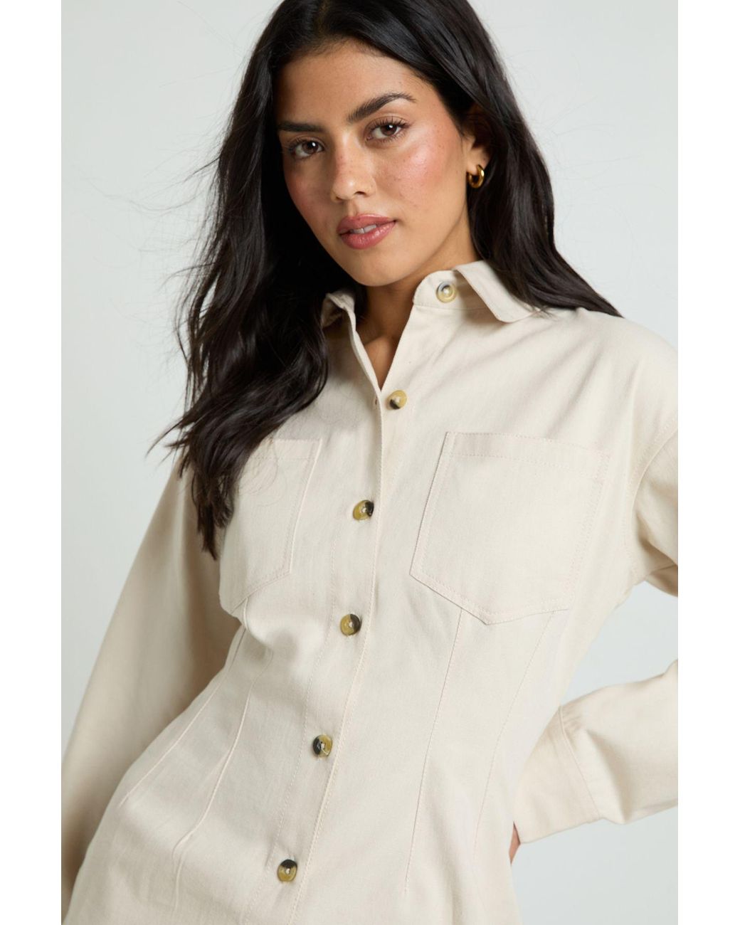 Boohoo Natural Chambray Cinched Shirt