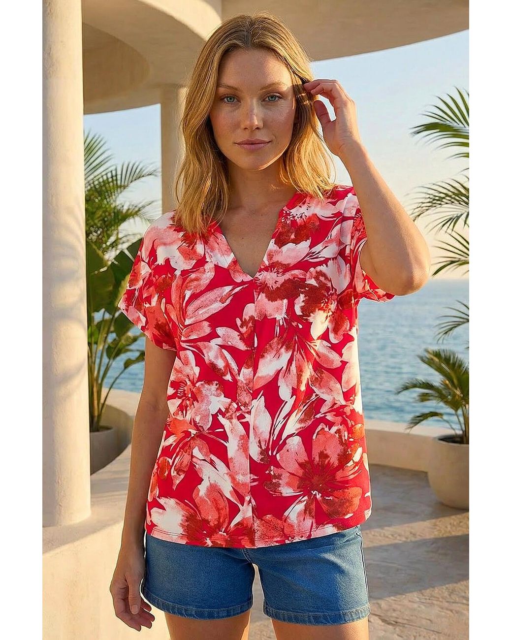Roman Red Floral Print Notch Neck T-Shirt
