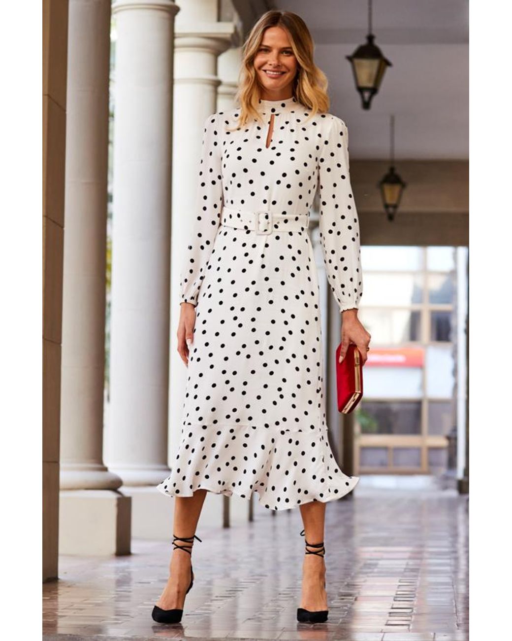 Sosandar White Ivory & Spot Print Keyhole Detail Belted Fit & Flare Dress