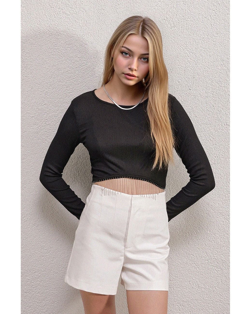 Bigdart Black Ribbed Textured Crop Top With Chain Detail