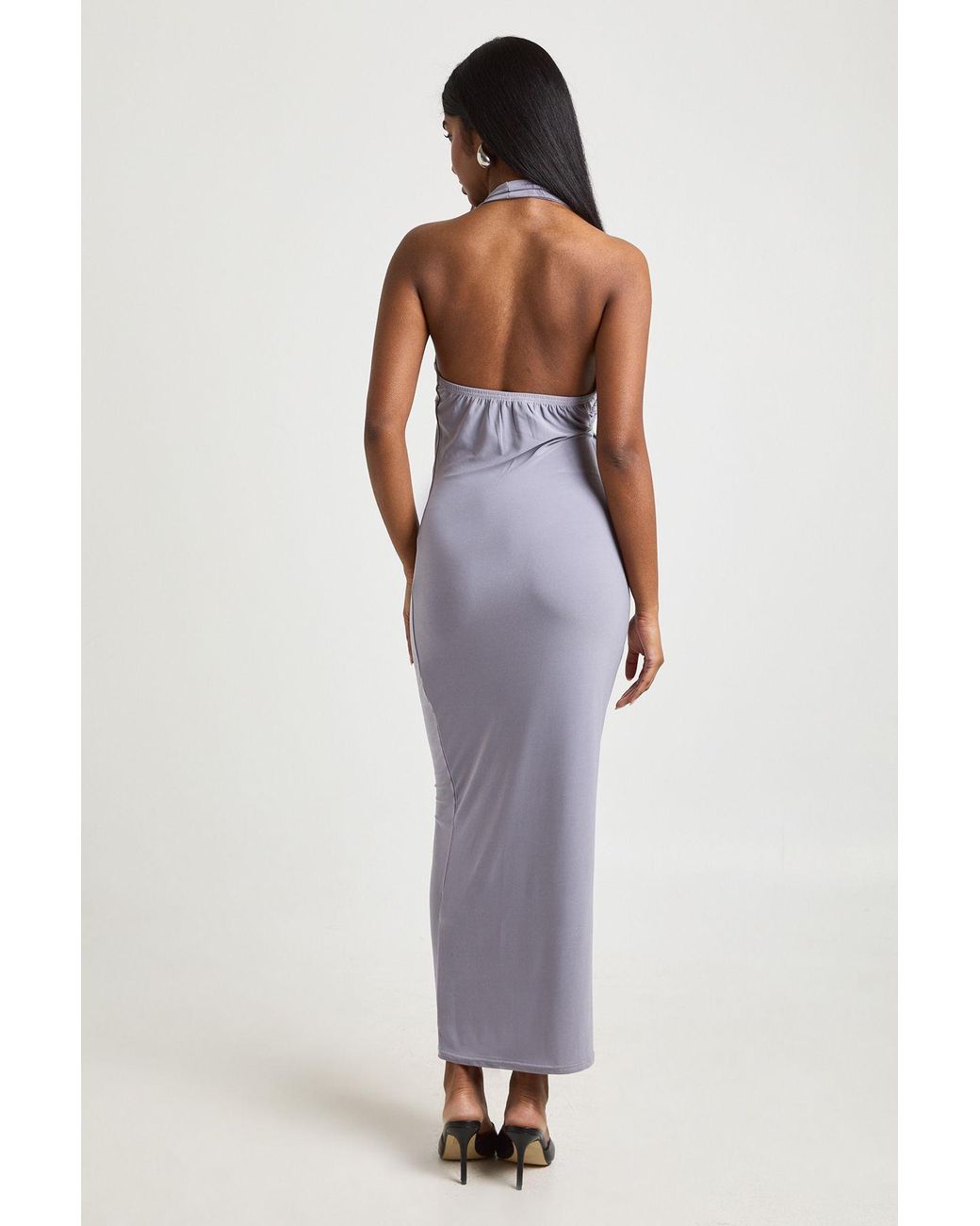 Boohoo Blue Slinky Halterneck Wrap Detail Maxi Dress