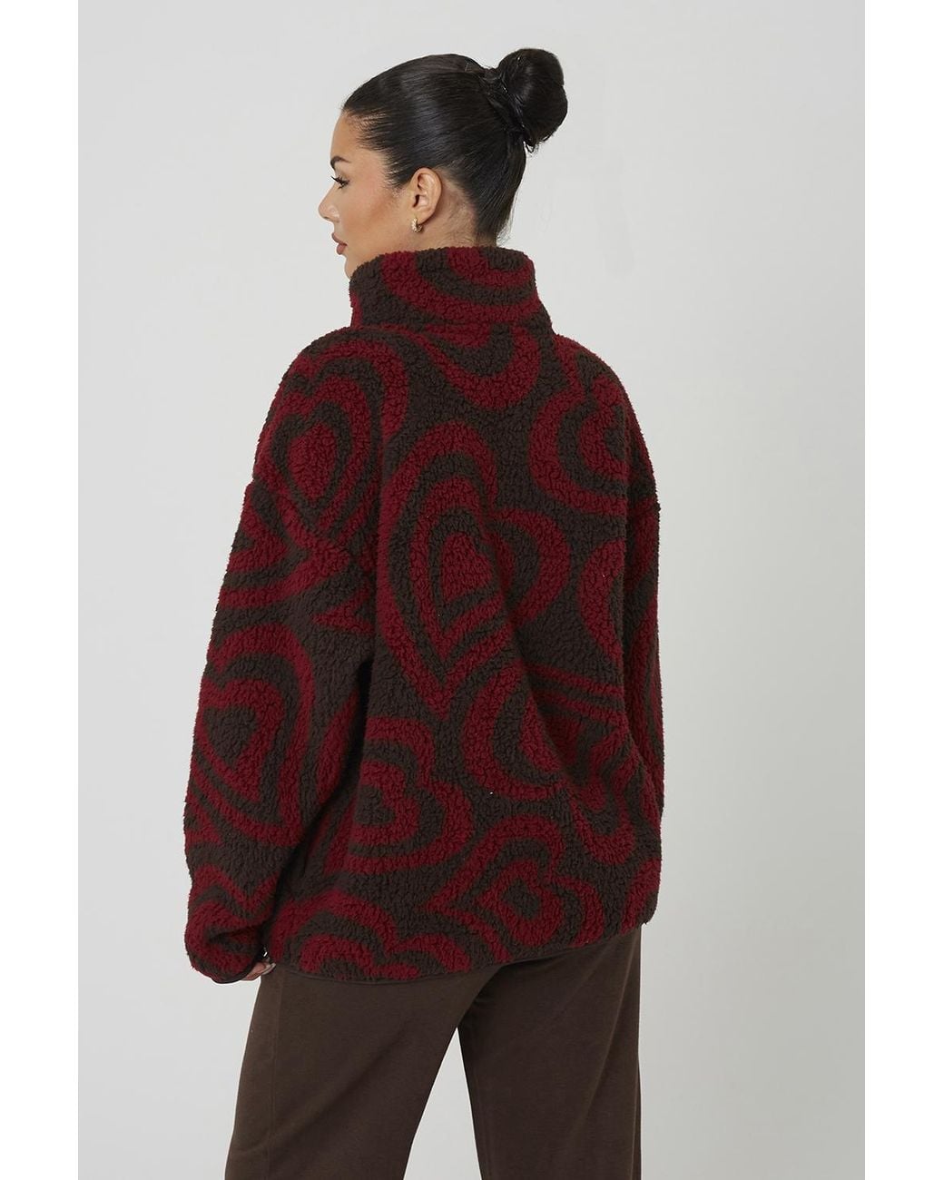 Brave Soul Red Sherpa Fleece Heart Print Sweatshirt