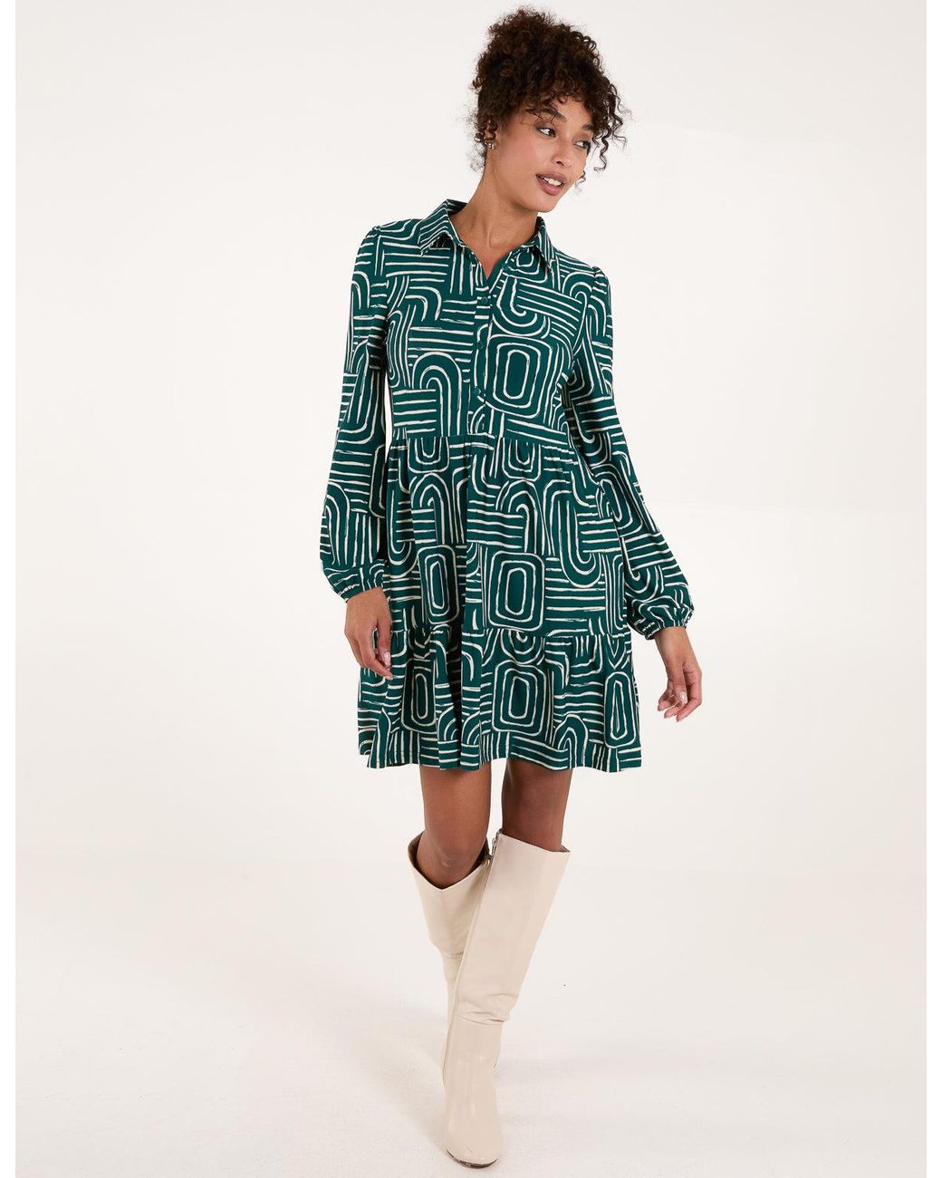 Blue Vanilla Green Button Front Smock Shirt Dress