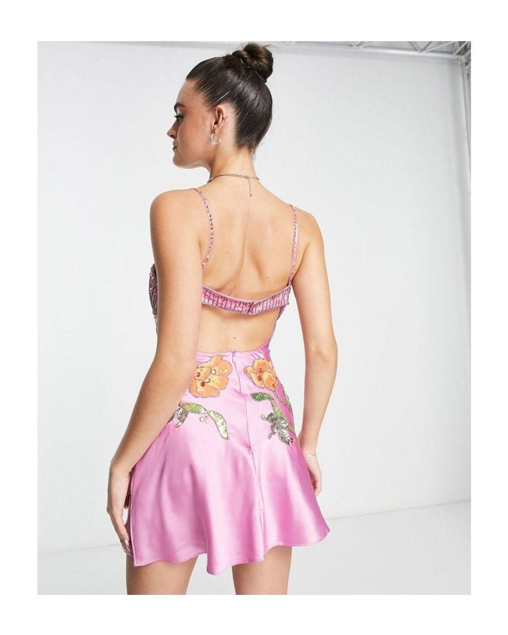 asos design bias cut mini satin dress with floral embellishment ASOS DESIGN