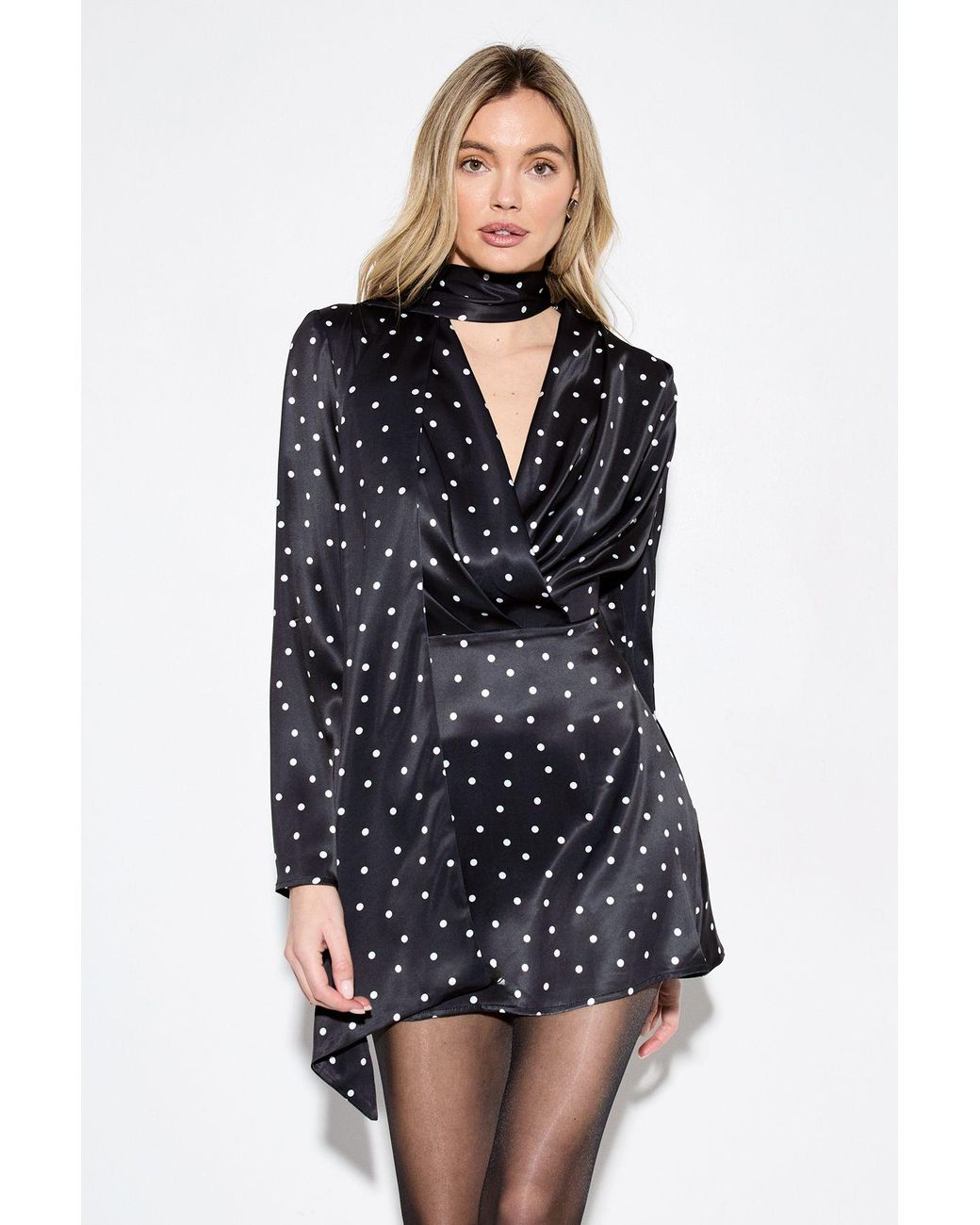 MissPap Blue Premium Spot Print Tie Neck Mini Dress