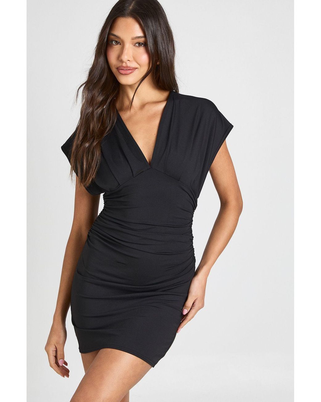 Boohoo Black Sculpting Slinky Plunge Front Ruched Body Dress