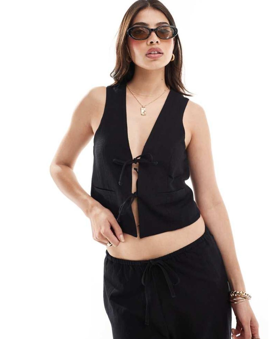 Iisla & Bird Black Double Tie Beach Waistcoat Co-Ord