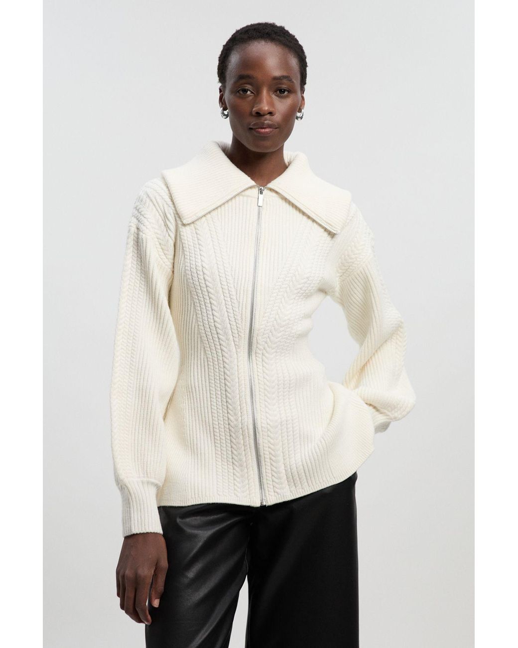 Karen Millen White Cable Knit Balloon Sleeve Peplum Zip Through Cardigan