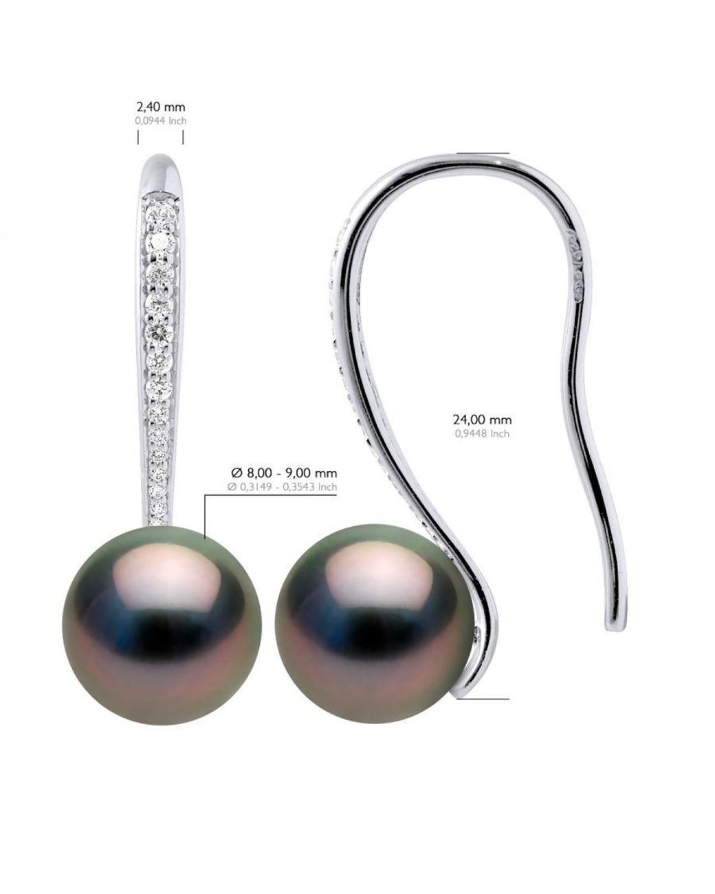 Ateliers Saint Germain White Earrings Real Cultured Tahiti Pearls Round 8-9 Mm Mounted Cubic Zirconia