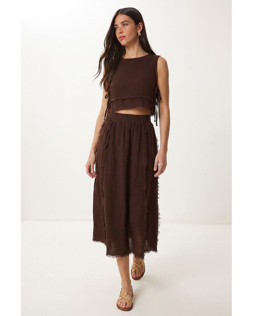 Happiness İstanbul Brown Cotton Sleeveless Blouse And Midi Skirt Set