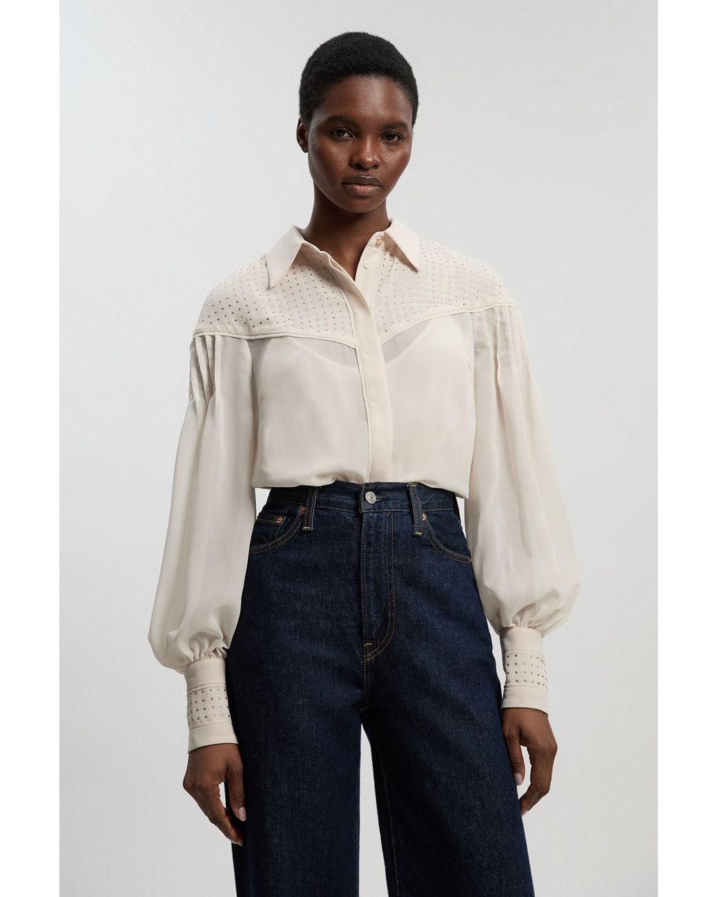 Karen Millen Blue Hotfix Studded Long Sleeve Woven Shirt