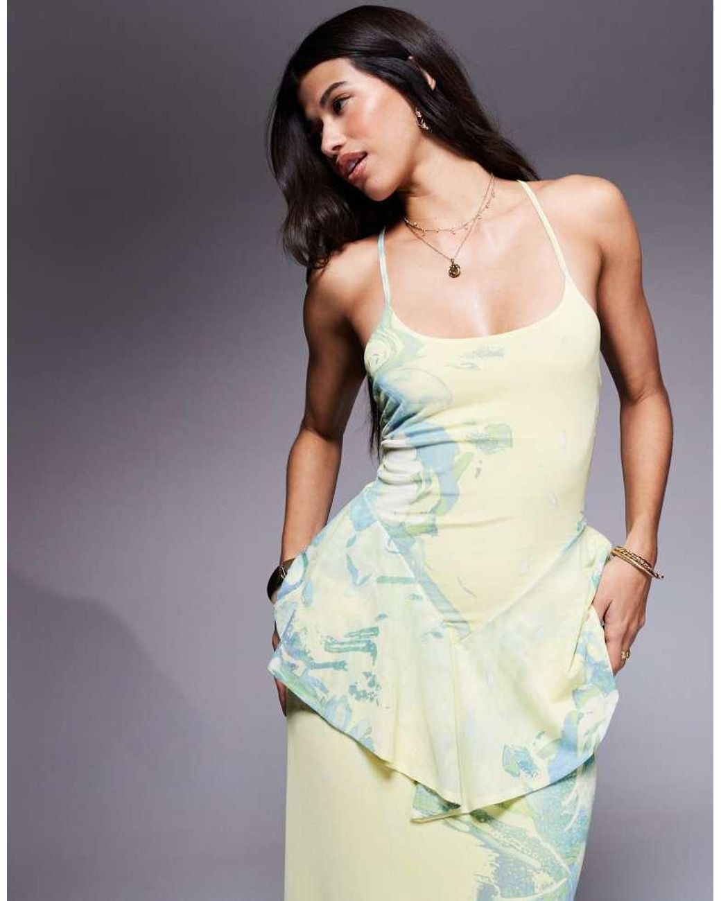 ASOS Blue Cami With Peplum Detail Mesh Maxi Dress