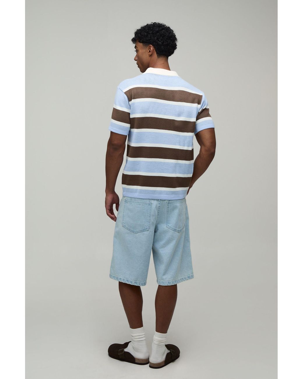 BoohooMAN Gray Regular Fit Striped Knitted Polo for men