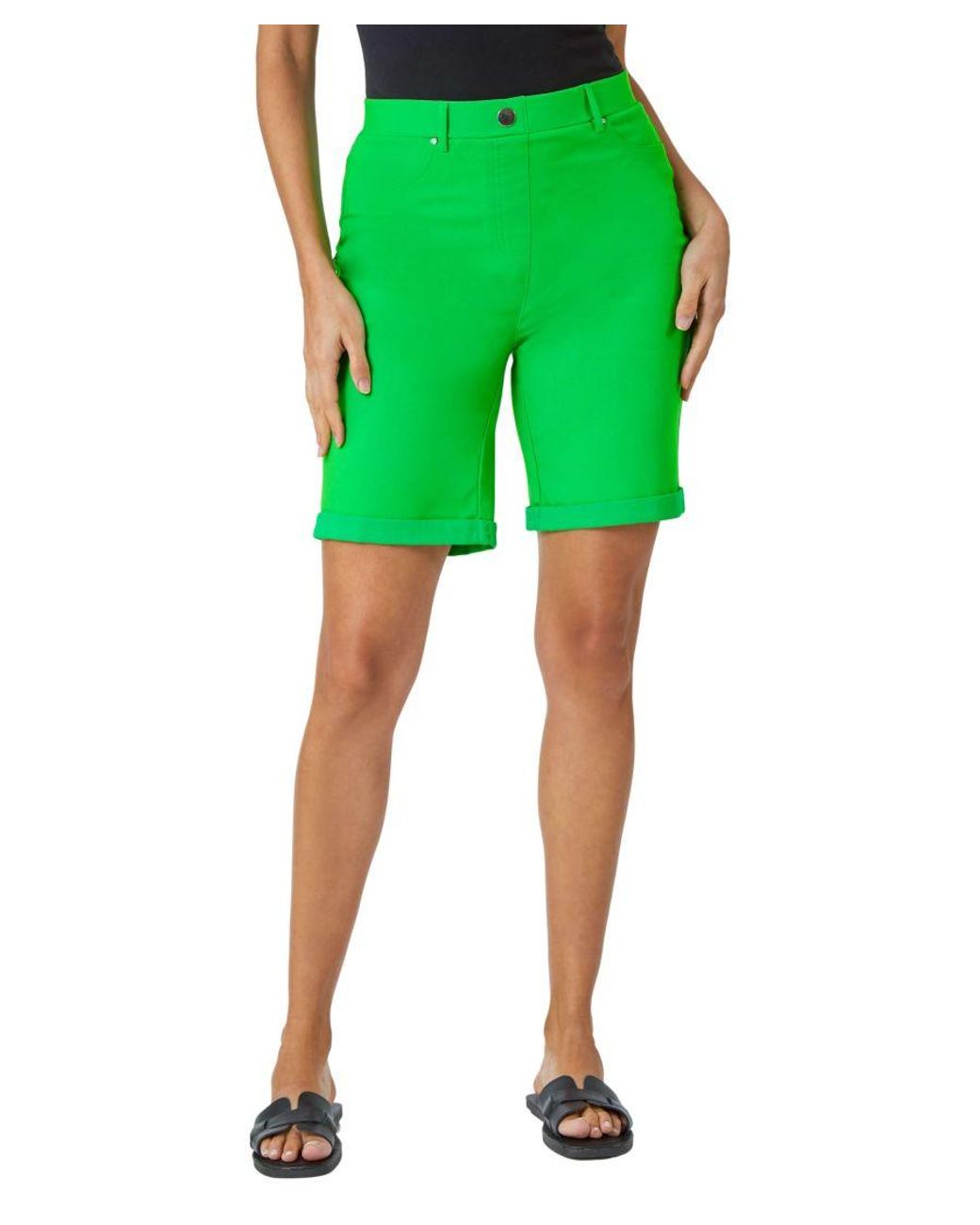 Roman Green Elastic Waist Turn Up Stretch Shorts