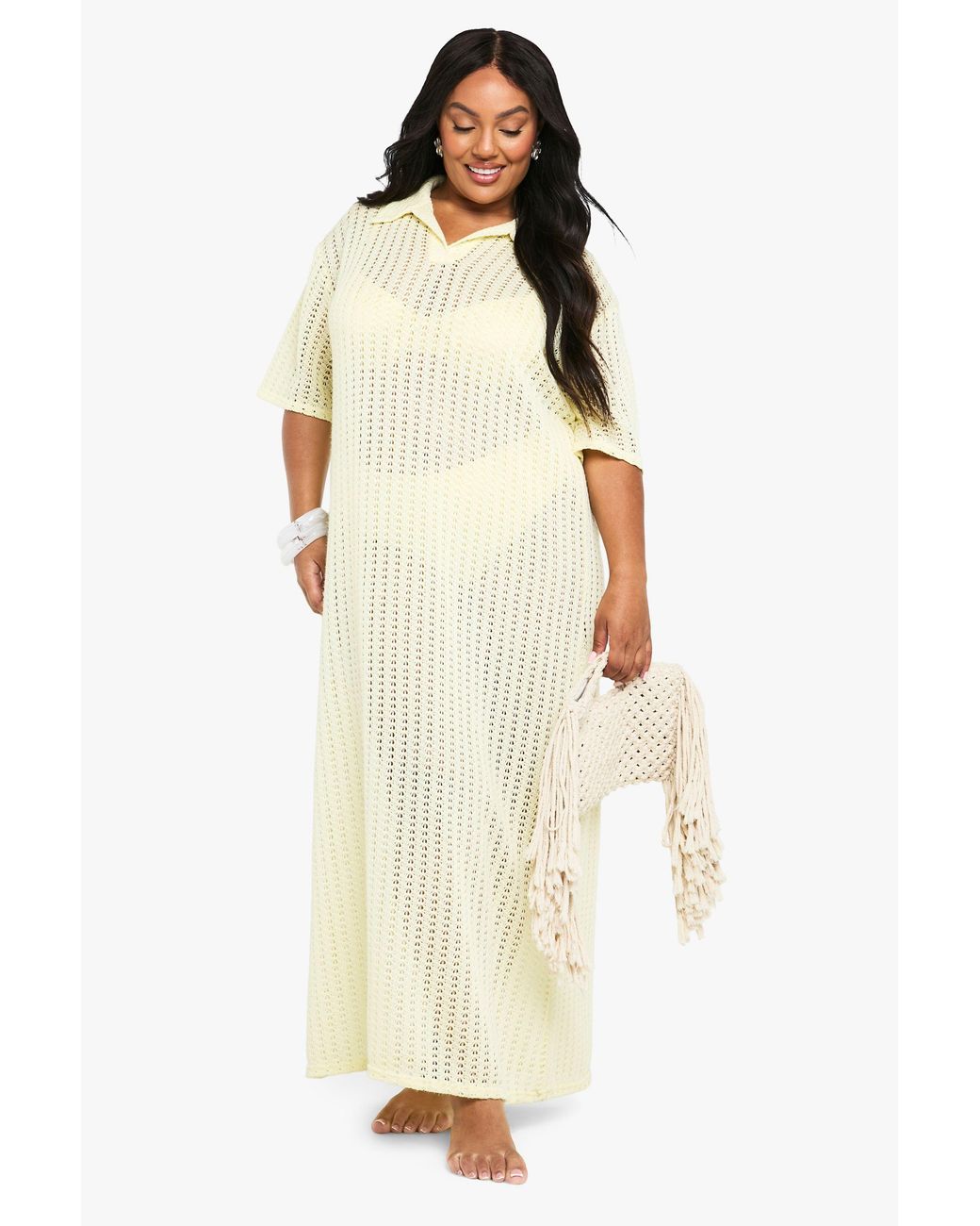 Boohoo Natural Plus Knitted Beach Shirt Midaxi Dress