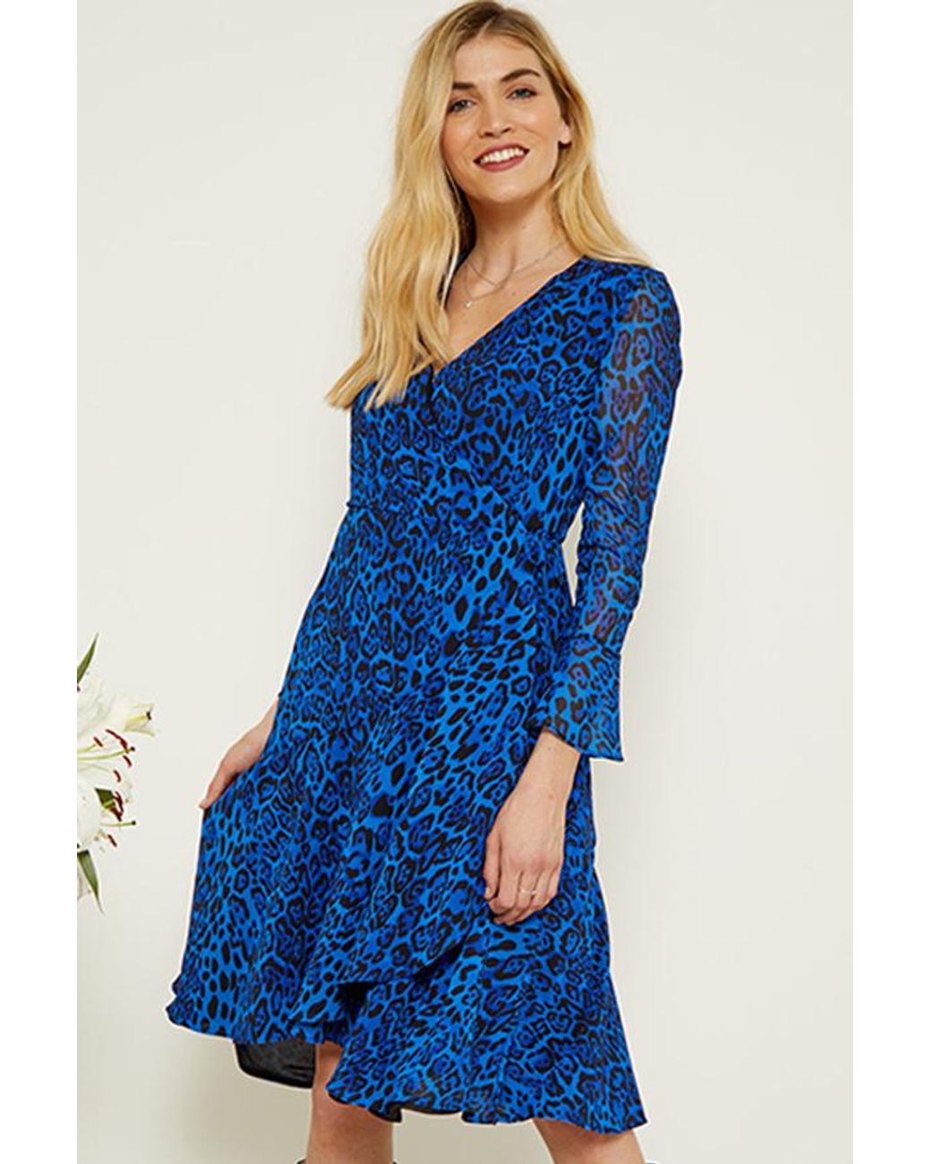 Sosandar Blue Leopard Print Wrap Dress