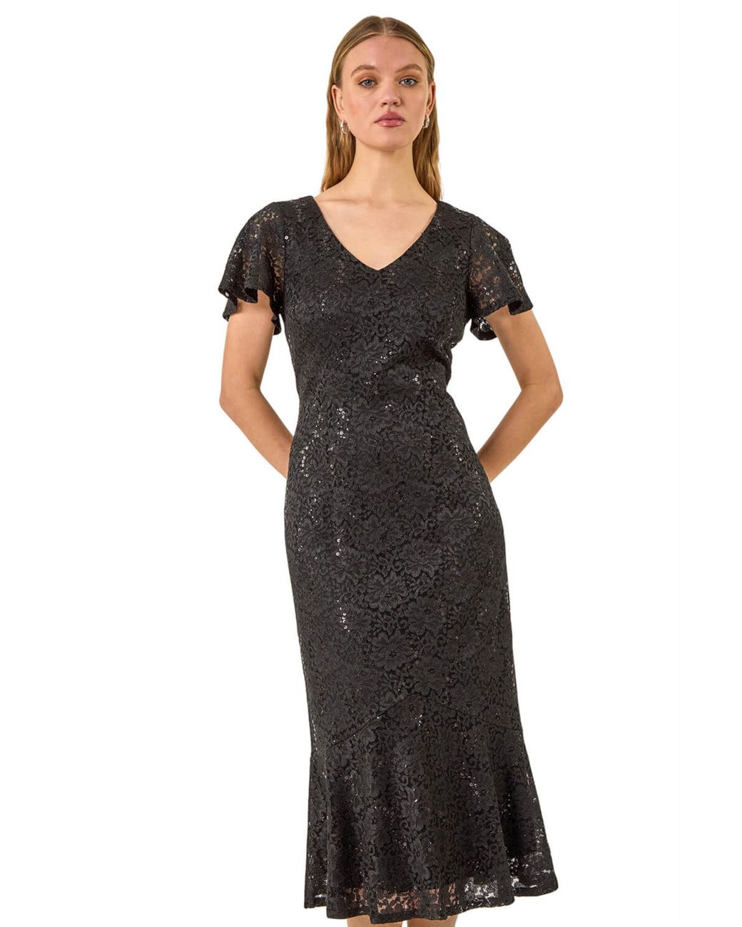 Roman Black Sequin Lace Ruffle Midi Dress