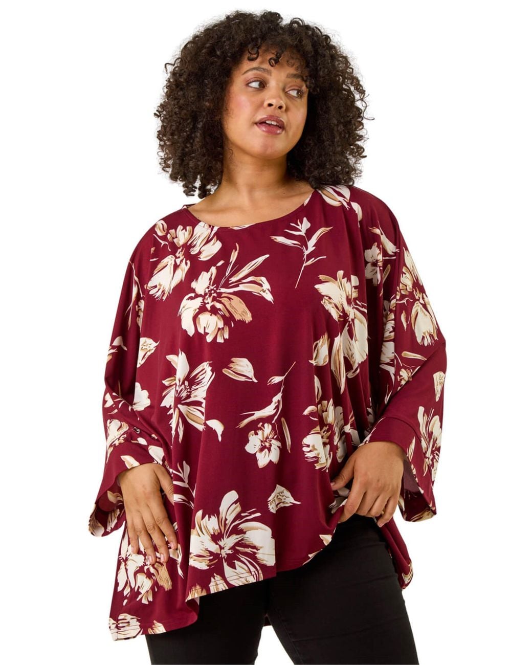Roman Red Curve Floral Print Stretch Top