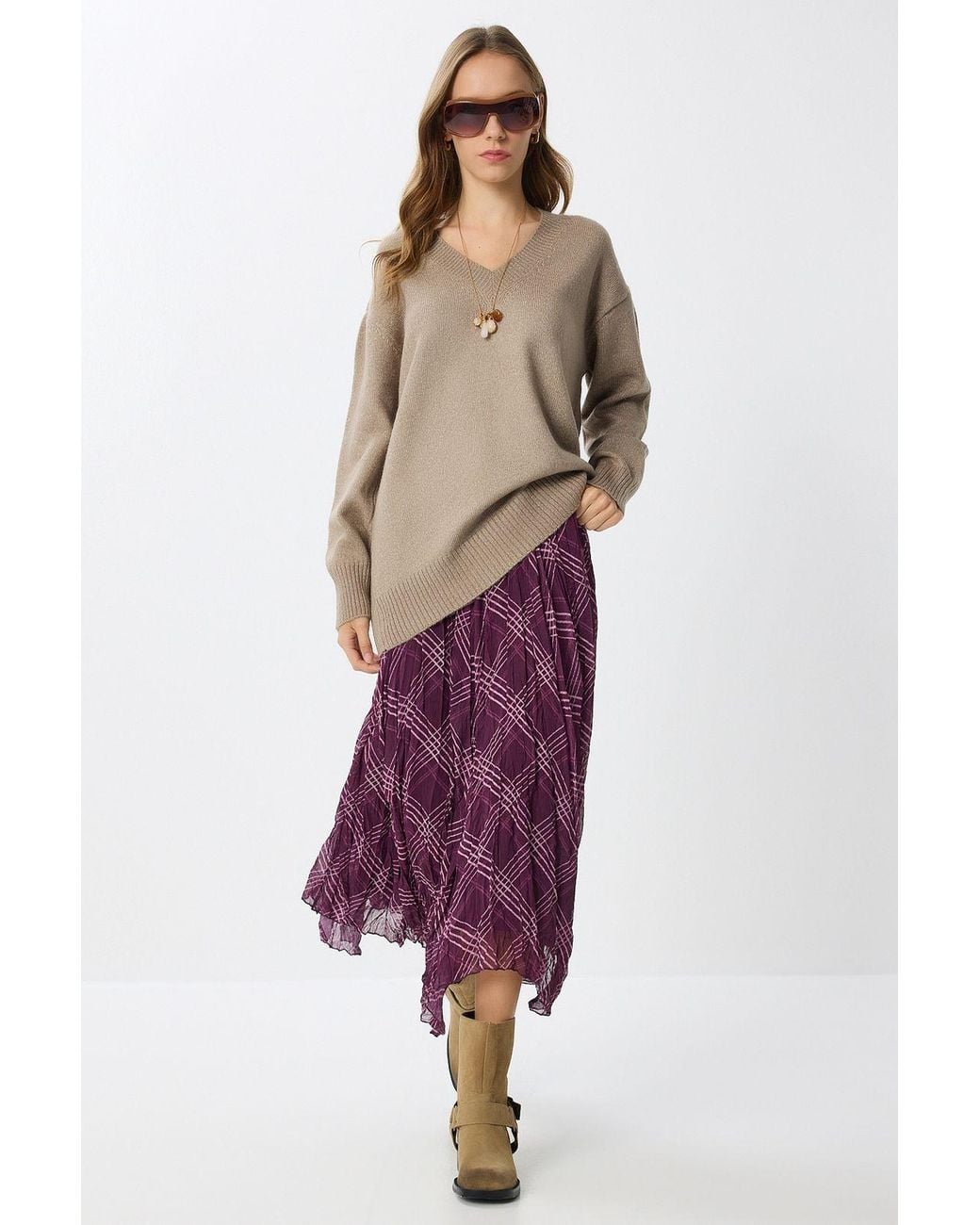 Happiness İstanbul Purple High Waist Asymmetric Midi Skirt With Zipper