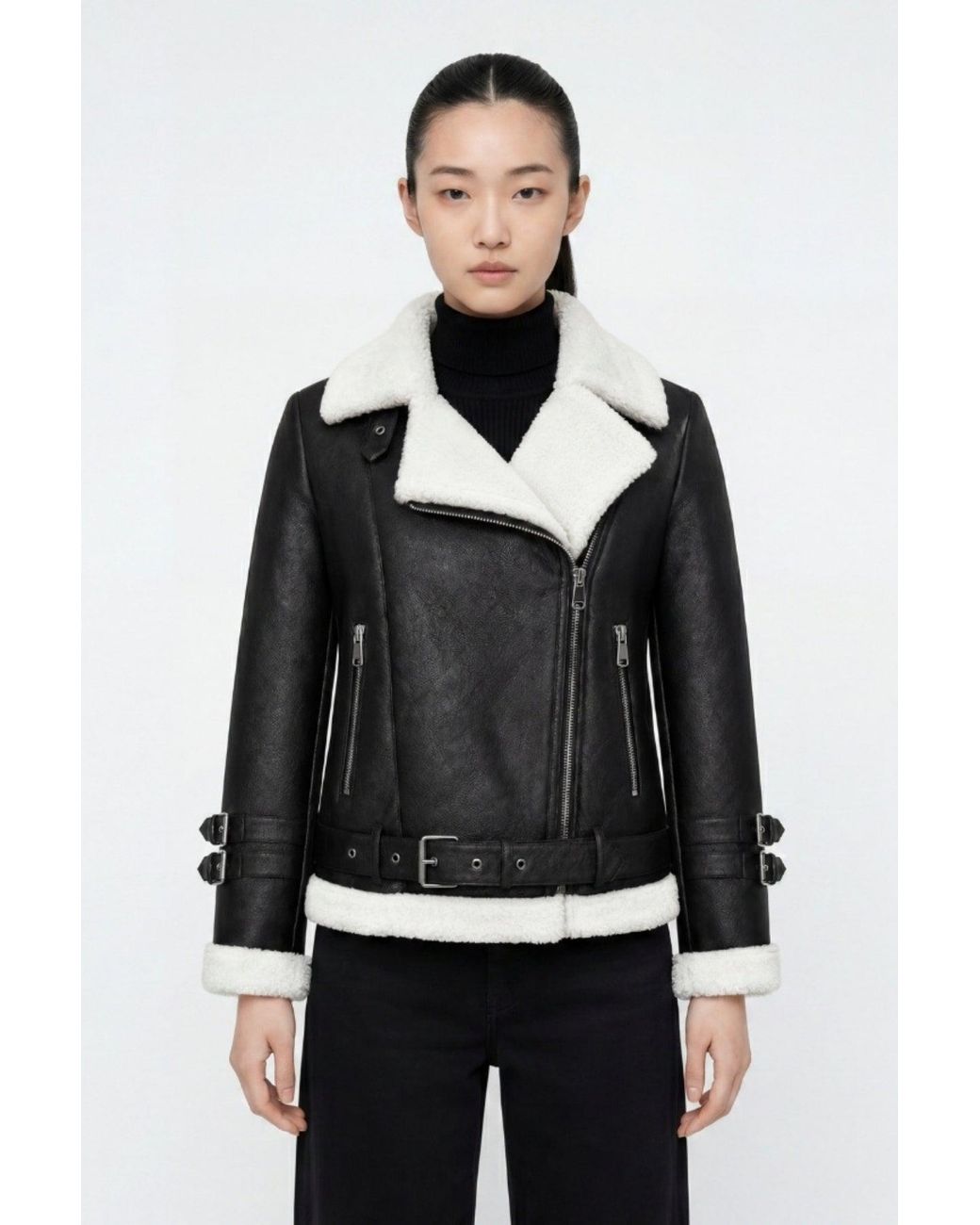 Elle Black Ines Faux-Shearling Biker Jacket
