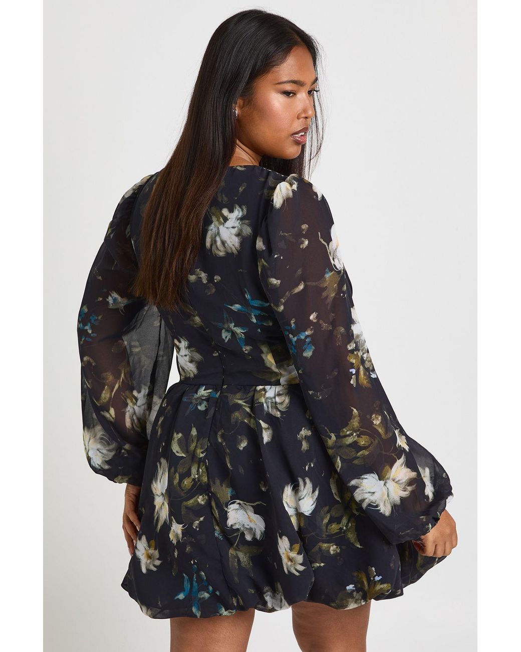 Boohoo Black Plus Dark Floral Puffball Hem Skater