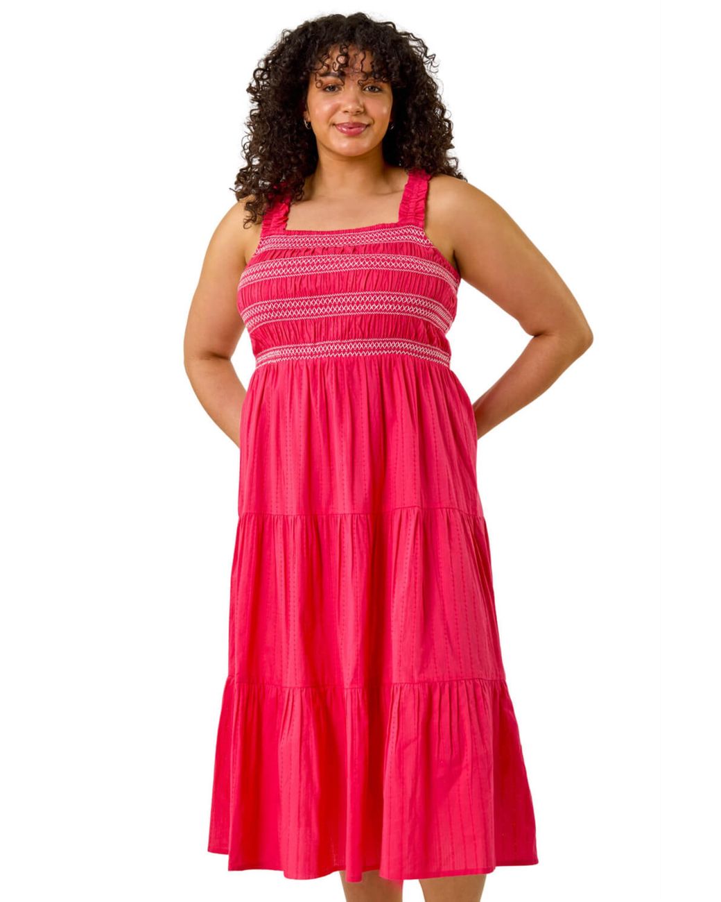 Roman Curve Strappy Shirred Midi Dress