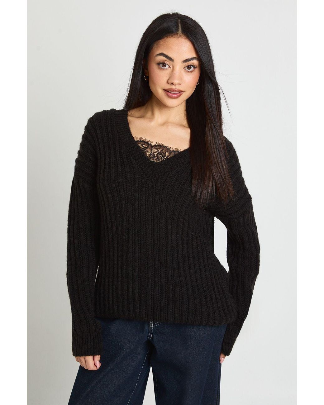 Boohoo Black Lace Insert V Neck Rib Knit Jumper